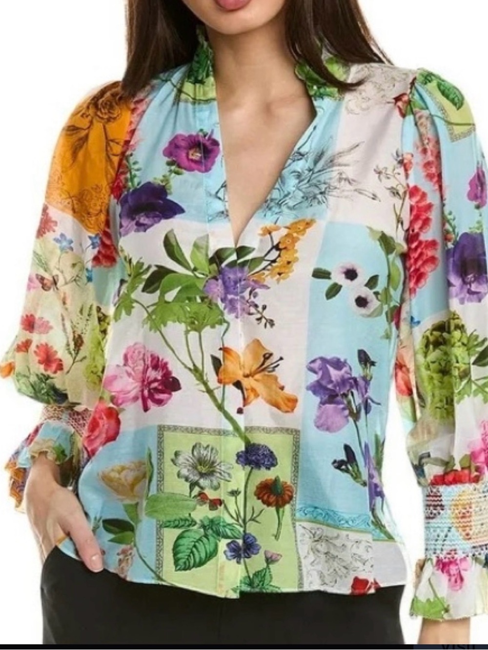 HOLD Alice + Olivia Floral Patchwork Silk Blend Blouse Size M, boho, puff sleeve